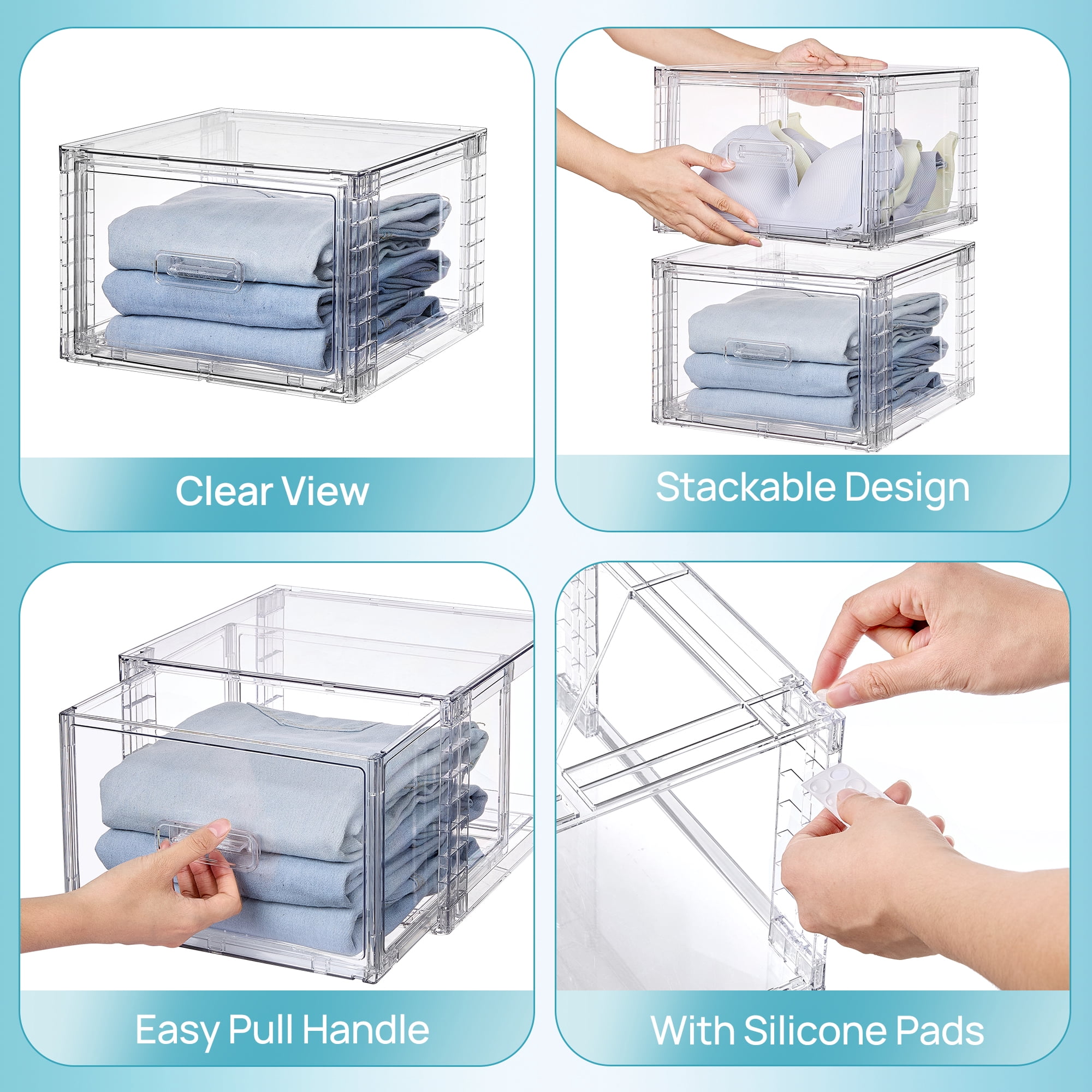 Sindcom 4 Pack Medium 18QT Clear Stackable Storage Drawers,Easily Assemble Closet Organizers,Plastic Storage Bins for Bathroom,Cabinet,Kitchen Pantry,Under Sink Organization