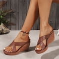 thumbnail image 3 of Rokment Women's Cork Footbed Wedges Dressy Slippers Sandals Stylish Casual Cross-Band Leather Platform Chunky Slip on High Heels Beach Summer Dress Slides Shoes Brown Size 9, 3 of 7