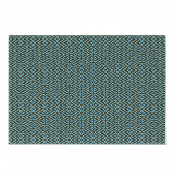 Geometric Cutting Board, Entwined Nested Vertical Square Pattern Chevron Abstract Art Print, Decorative Tempered Glass Cutting and Serving Board, Small Size, Brown and Sky Blue, by Ambesonne