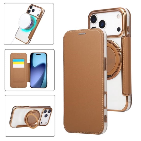 For iPhone 17 Pro Wallet Cell Cover, RFID Blocking, PU Leather,Compatible With MagSafe , With Flip Card Holder, Ultra Thin Electroplated Rotating Bracket Magneti Protective Cover,Brown