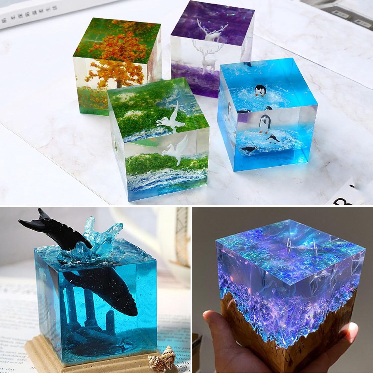 ABCISI 2Pcs Large Cube Resin Molds, 4'' & 3'' Clear Silicone Cube Molds, Resin Flower Preservation Kit, Transparent Deep Square Epoxy Resin Mold with Wooden Support for DIY Craft Home Decor