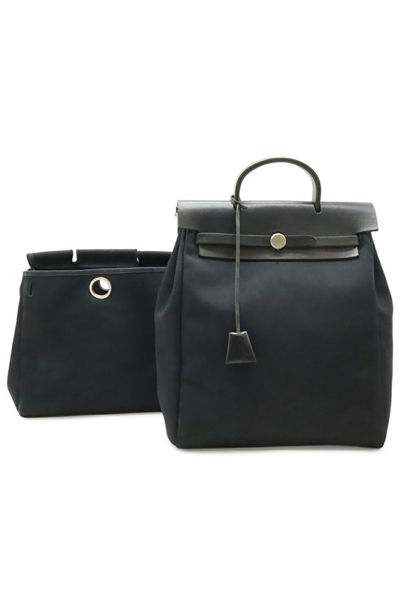 Pre-Owned HERMES Herbag Ad PM Backpack Handbag Toile Officier Leather Black C Stamp