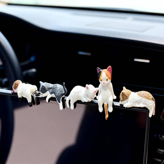 Cute Cartoon Cat Resin Figurines, Set of 5 - Car Dashboard Decor & Computer Desk Accessories, Home Office Shelf Decoration, Gift for Cat Lovers