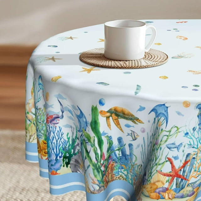 Nautical Round Table Cloth Coral Starfish Seashell Circle Tablecloth Wrinkle Resistant Washable Table Cover 60 Inch for Kitchen Dining Room Party Picnic