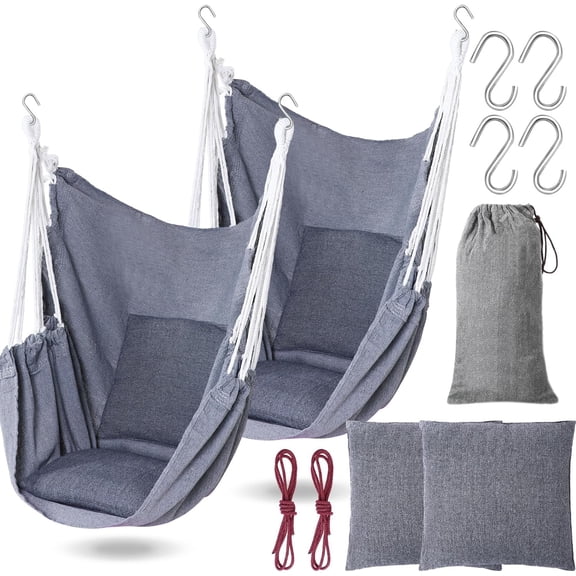 2 Pieces Hammock Chair Hanging Rope Swing Large Swing Chair Seat Cushion Included for Indoor Outdoor Home Bedroom Patio Yard Balcony,Max 300 Lbs(Gray)