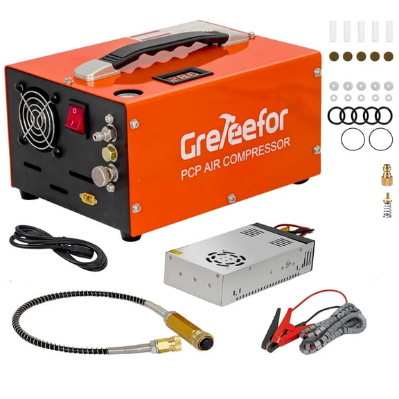 Greteefor PCP Air Compressor, Built-in 600W Adapter, 4500Psi/30Mpa, 350W Motor, 12V DC or 110V/220V AC Power, Auto Stop, Water/Oil free &Cooling Fan for Air Rifle, Paintball, HPA Tanks LightWeight