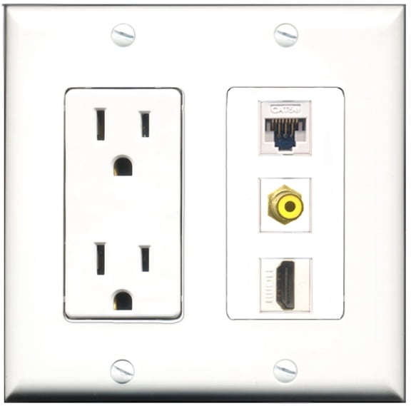 Ultra Spec Cables 15 Amp Power Outlet 1 Port HDMI 1 Port RCA Yellow 1 Port Cat5e Wall Plate