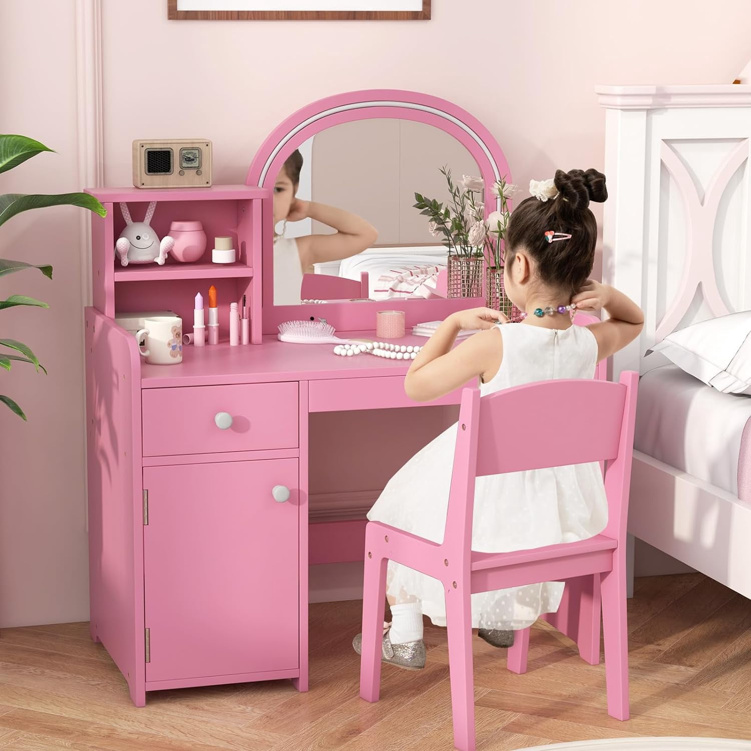 INFANS Kids Vanity, Princess Makeup Desk and Chair Set with Lights Mirror Drawer Storage Shelves, Wooden Dressing Table, Pretend Play Vanity Set for Toddler Girls