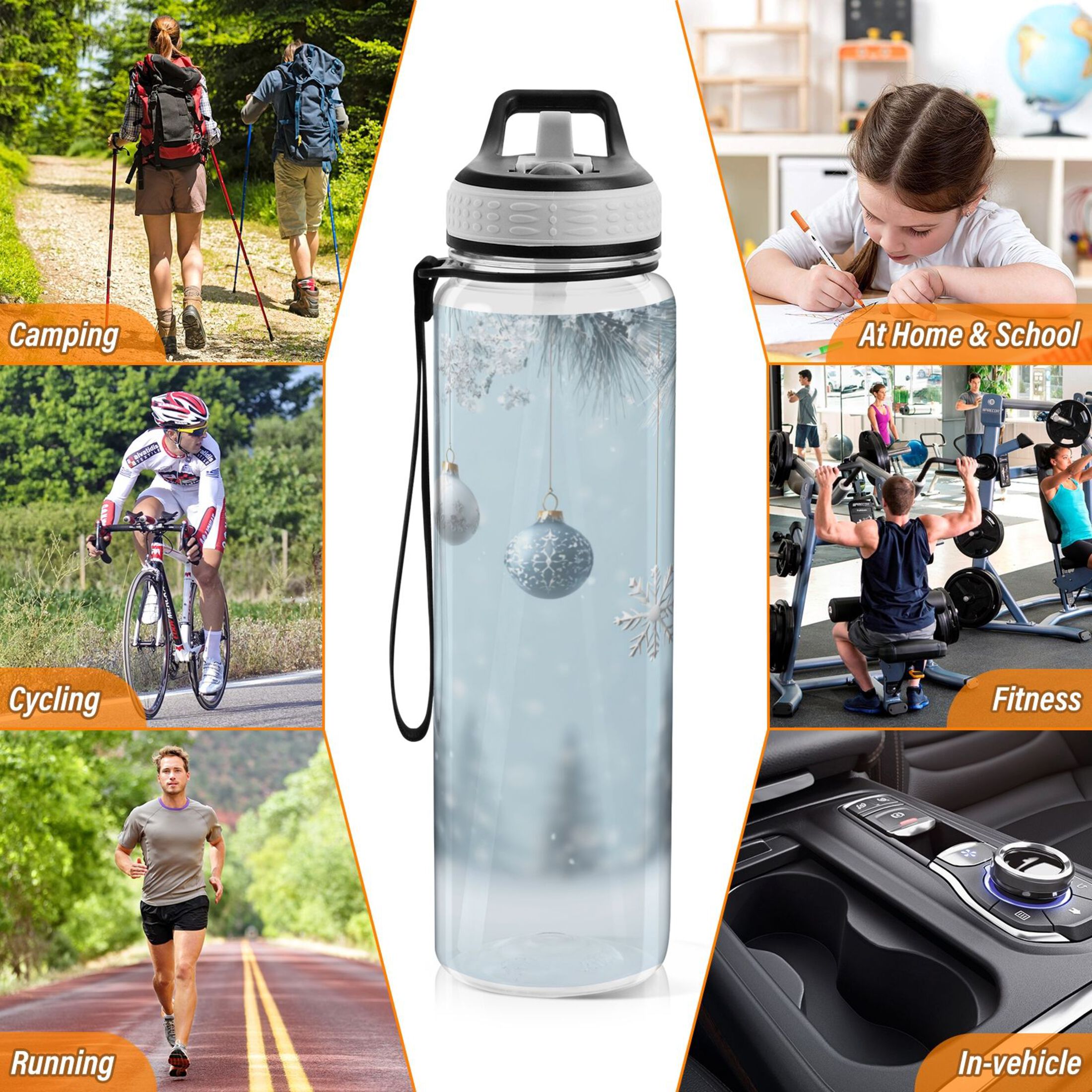 1000ML Transparent Sports Water Bottle with Handle & Straw Portable Water Bottle for Outdoor Camping Gym Glass Christmas Ornaments