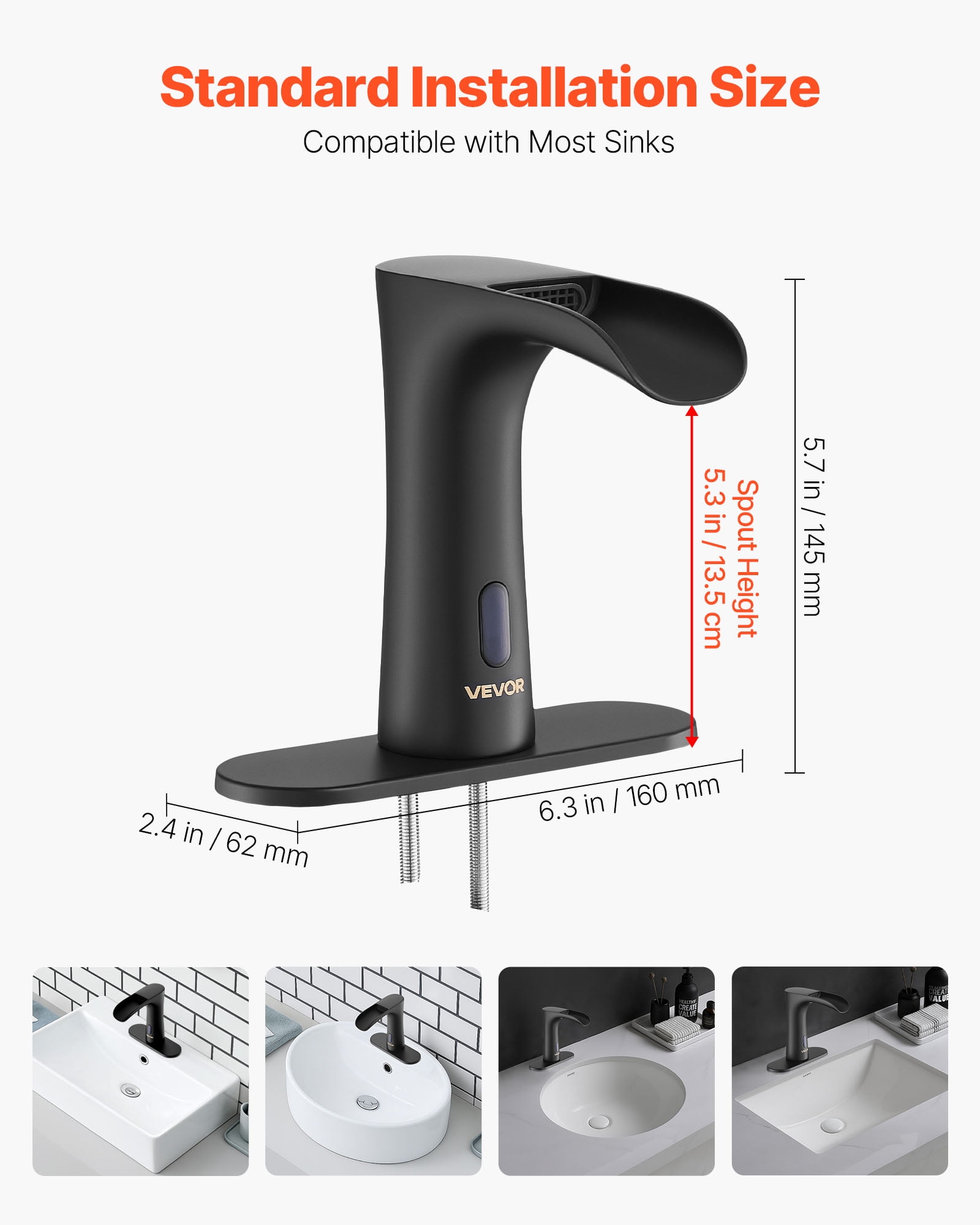 VEVOR Touchless Bathroom Sink Faucet, Automatic Motion Sensor Waterfall Restroom Toilet Faucet with Hole Cover Plate, Modern Electronic Sensor Hot/Cold Water for 9/16 in Pipe Commercial,Matte Black