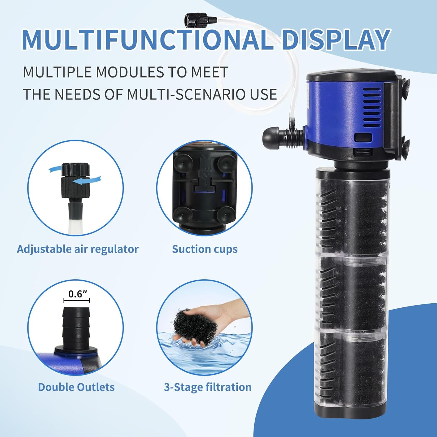 Adjustable Submersible Aquarium Filter 4-in-1 Biochemical Filtration 264GPH for 20-75 Gallon Fish Turtle Tanks Freshwater Saltwater