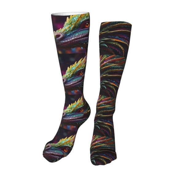 Xecao Colorful Dragon Head Profile Print Calf Socks Seamless Toe, Knee High Long Socks, Sports Socks Trouser Socks for Women and Men-One Size