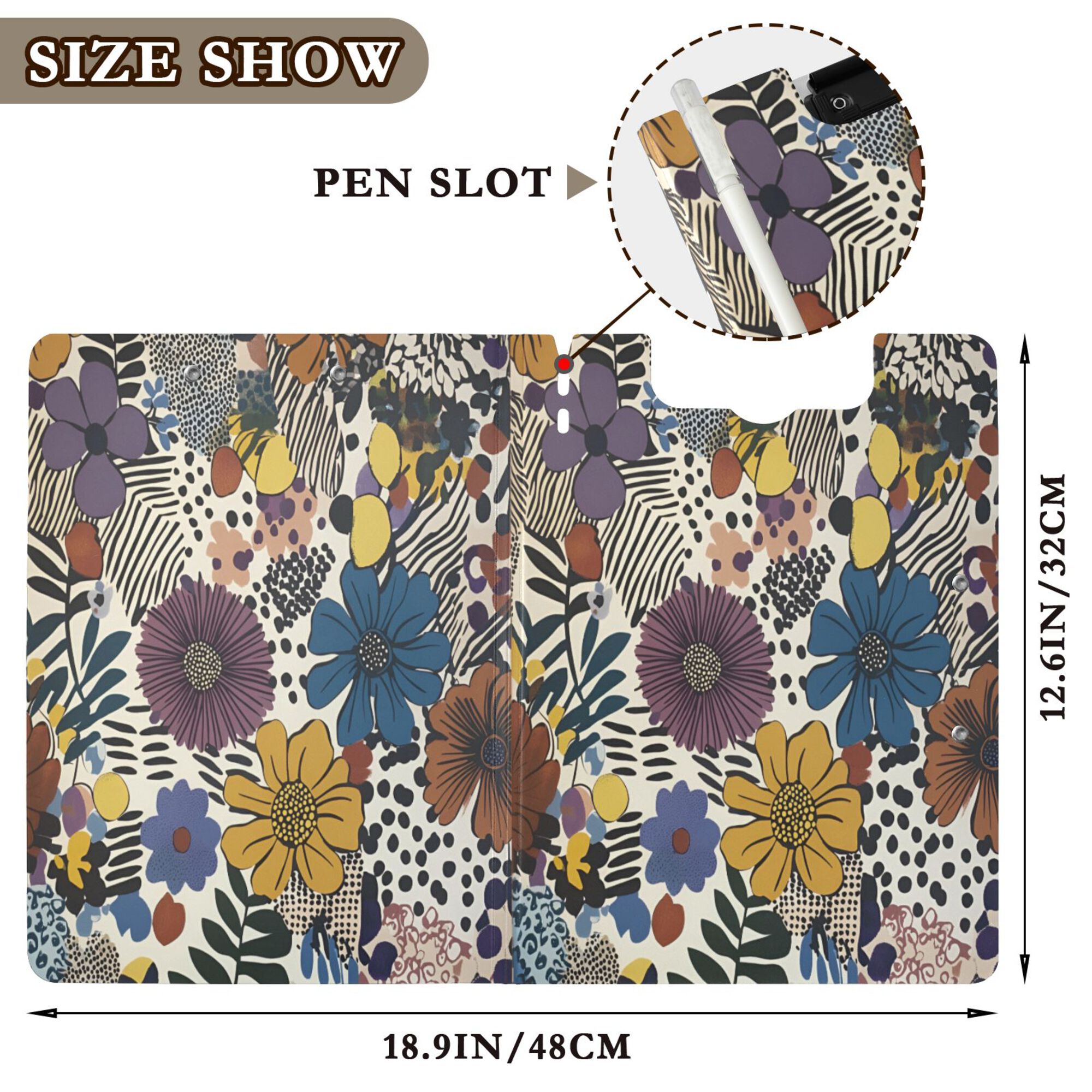 FORMRS A4 Clipboard Folder with Pen Holder Horizontal Foldable School Office Binder, Blue Flowers