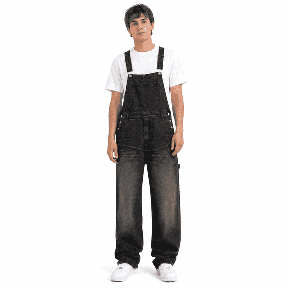 Mens Jean Overalls Baggy Loose Fit Vintage Washed Denim Bib Overalls with Adjustable Straps Distressed Wide Leg Retro Streetwear Casual Daily Jumpsuit for Men