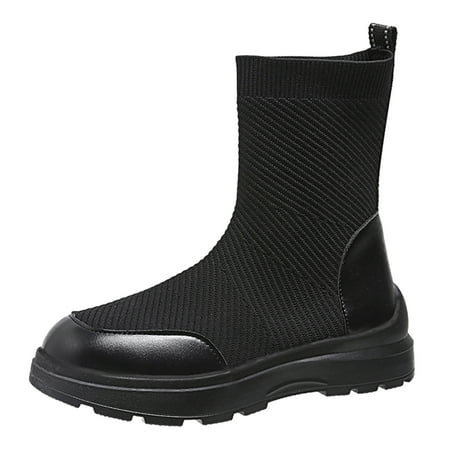 

Qufokar High Knee Boots for Women Women Wedge Booties And Boots Ladies Fashion Solid Color Breathable Knitted Leather Panel Thick Heel Short Boots