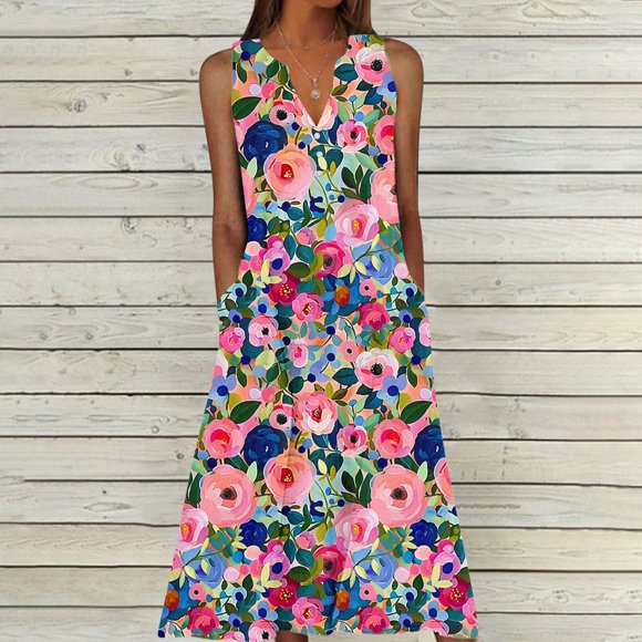 Aqestyerly Women's Sleeveless V-Neck Sundress Summer Casual Dress Gradual Neck Long Dress Relaxed Fit for Summer Utility Wear