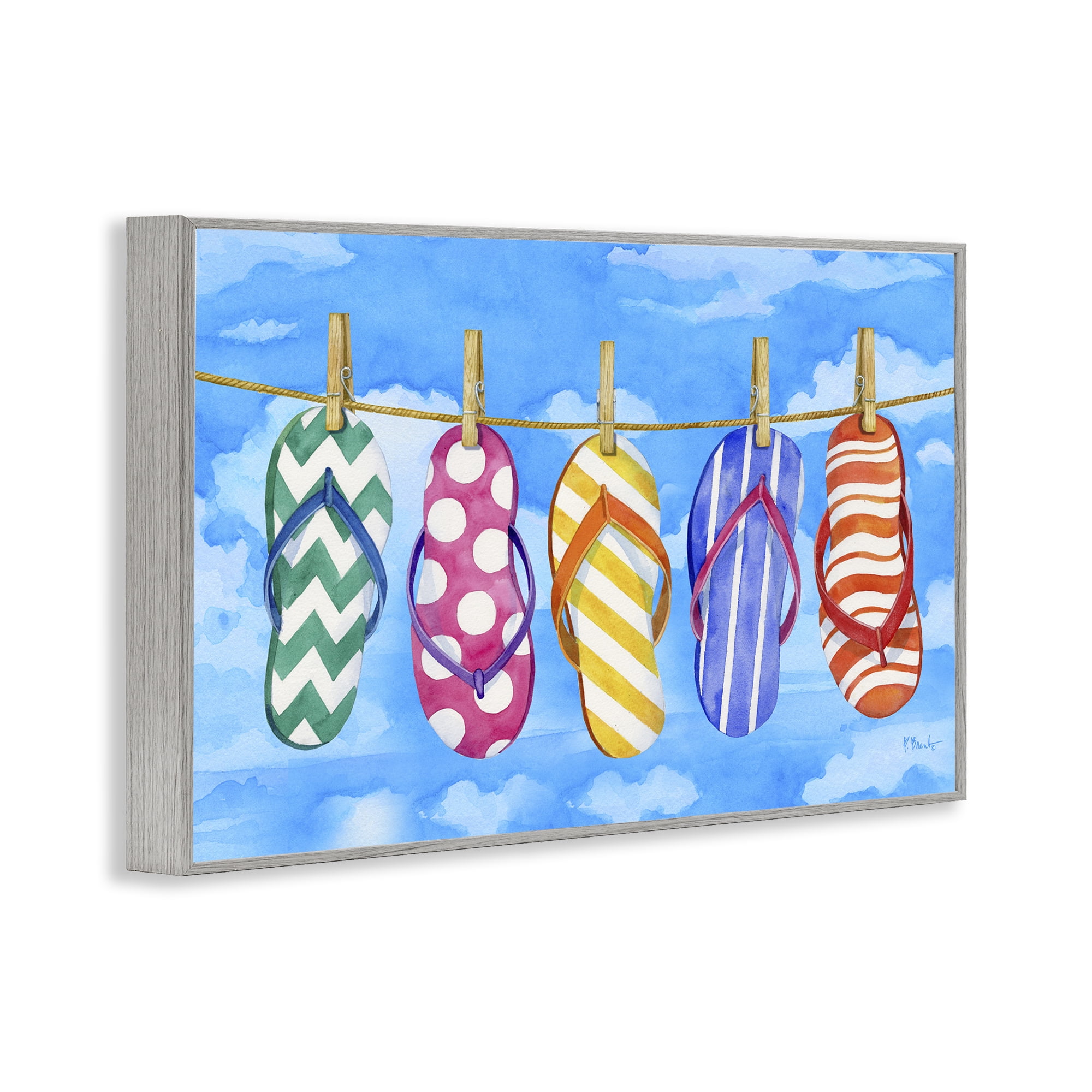 Stupell Industries Flip Flops on Clothesline Beauty & Fashion Painting Gray Framed Art Print Wall Art, 30 x 20