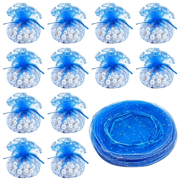 100 pcs Organza Bags Diameter 26cm Round Drawstring Organza Bags Jewelry Gift Pouches with Sequins for Birthday Wedding Party Baptism Blue