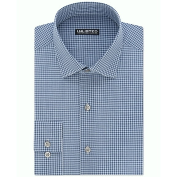 Kenneth Cole NEW Blue Mens Size XL Slim-Fit Checkered-Print Dress Shirt