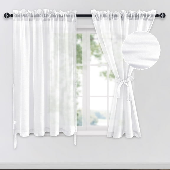 JIUZHEN White Short Sheer Curtains 45 Inches Long, Rod Pocket Light Filtering Semi Transparent Voile Window Curtains for Living Room & Bedroom, Set of 2 Panels with Tiebacks, W52 x L45