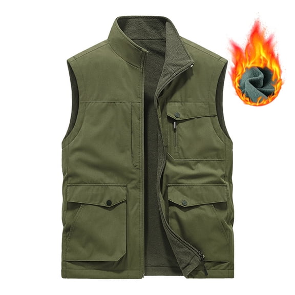 WIZUTIZ Men's Utility Vest Reversible Double-Sided Wear Fleece Lined Multi-Pocket Stand Collar Full-Zip Sleeveless Warm Outdoor Work Everyday Vest