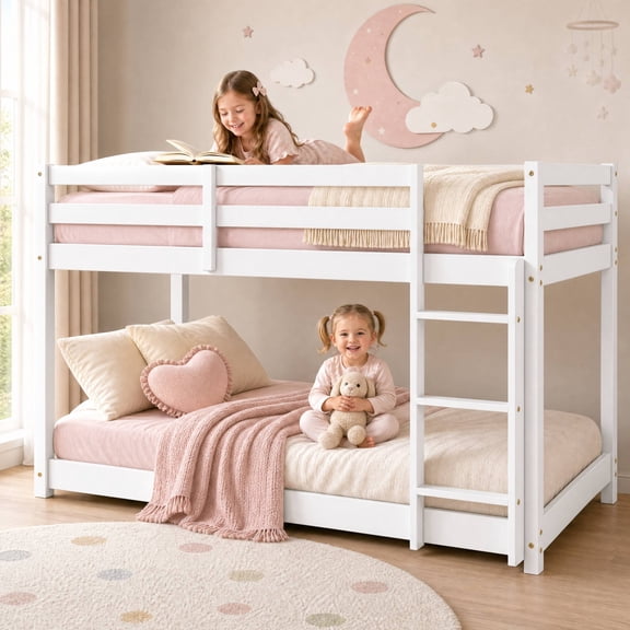 Solid Wood Low Bunk Bed for Kids, Sesslife Twin Over Twin Bunk Bed with Guardrails & Ladder, Non-Toxic Finish, No Box Spring Needed, Easy Assembly, White