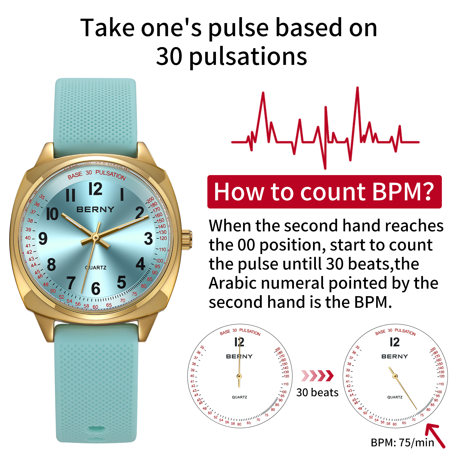 BERNY Nurse Watch for Women, Fashion Ladies Analog Quartz Watch with Silicone Strap, Pulse Meter Function, 3ATM Waterproof Womens Wristwatch, Easy Read Numerals Nursing Watch Gift, Blue