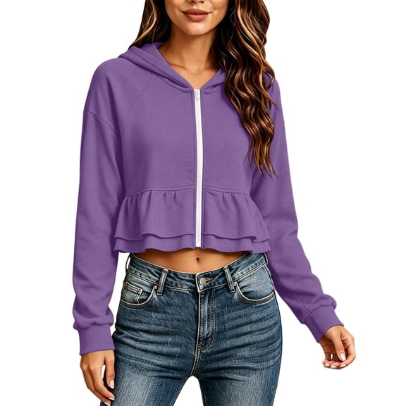 QIYAGBSA Hoodies for Women Zip Up Ruffle Hem Cropped Long Sleeve Sweatshirt with Ribbed Cuffs Casual Sportswear (Purple, 2XL)