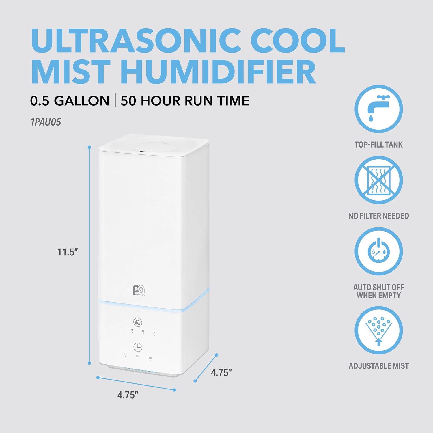 Perfect Aire 0.53 gal 376 Sq Ft Digital Ultrasonic Cool Mist Humidifier W/Night Light