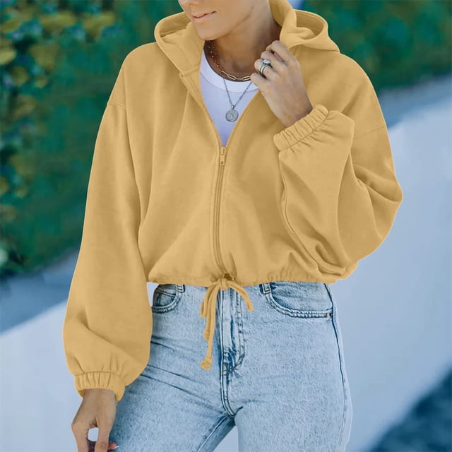 Woman Loose Hooded Sweatshirt, Stylish Drop Shoulder Sleeve Hem Drawstring Female Zip Up Hoodie Plain Color For Dating For School