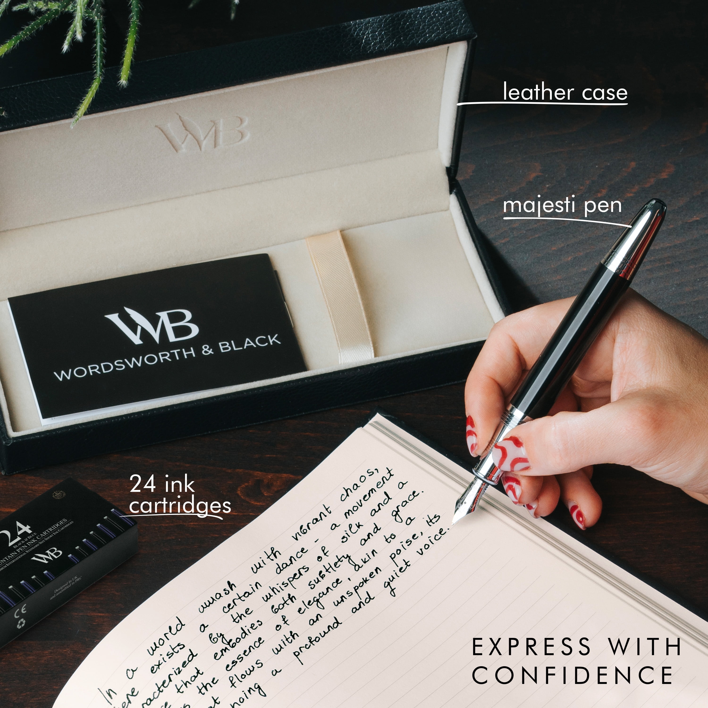 Wordsworth & Black Majesti Fountain Pen-(Black Chrome), Luxury Case, Stainless Steel; Medium Nib- Ink Cartridges, Refillable Ink Converter-Calligraphy Pen-Best Business Gift Set for Men & Women