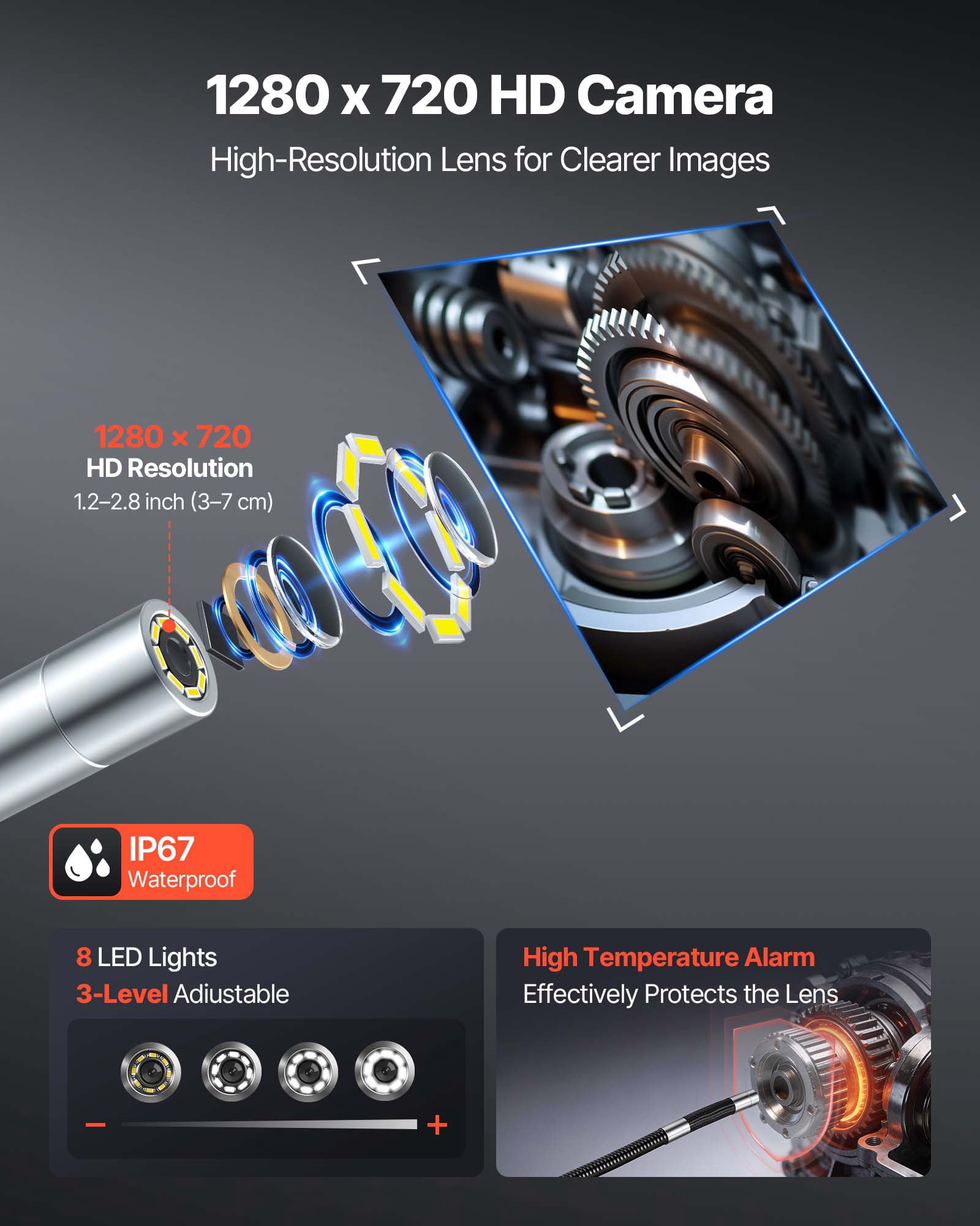 VEVOR Articulating Endoscope with Light, Two-Way Articulated Borescope Camera, 4.3" HD IPS Screen, 1280 x 720 Lens, 8X Zoom, IP67 Waterproof Inspection Snake Camera for Auto, Plumbing (4.9FT Cable)