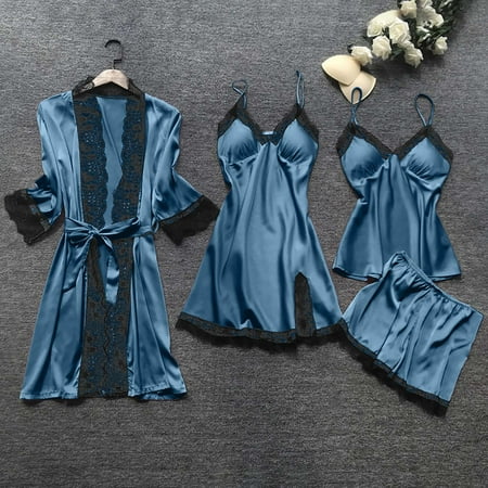 Socisucc Push up Bra Lingerie Set Lingerie Women Silk Lace Robe Dress Sleepwear Nightdress Pajamas Set