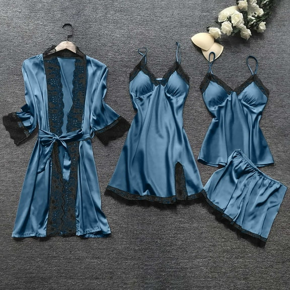 Frostluinai 4 Pcs Pajamas for Women Set Lace Robes Spaghetti Strap Nightdress Camis Shorts Soft Sleepwear Sets Solid Loungewear Sets