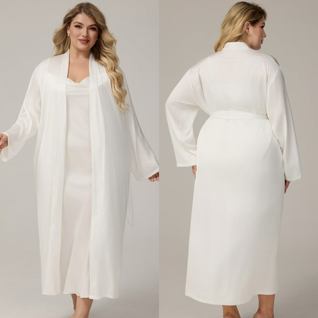 HongQid Ensemble Nuisette et Peignoir pour Femme Grande Taille Manches Longues Peignoirs Ensemble Peignoir 2 Pcs Camisole à Col en V Tenue de Nuit
