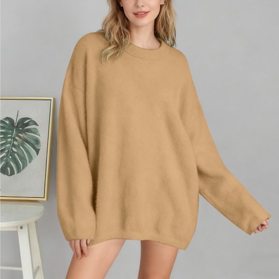 Womens Long Sleeve Crew Neck Sweaters Fall Classic Soft Loose Basic Pullover Top (Brown M)