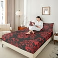 thumbnail image 4 of jejeloiu Damask Floral Pattern Bed Sheets,Red Victorian Print King Sheets,Kawaii Halloween Ghost Sheet Set For Men Women,Luxury Bedroom Decor,4-Piece, 4 of 7