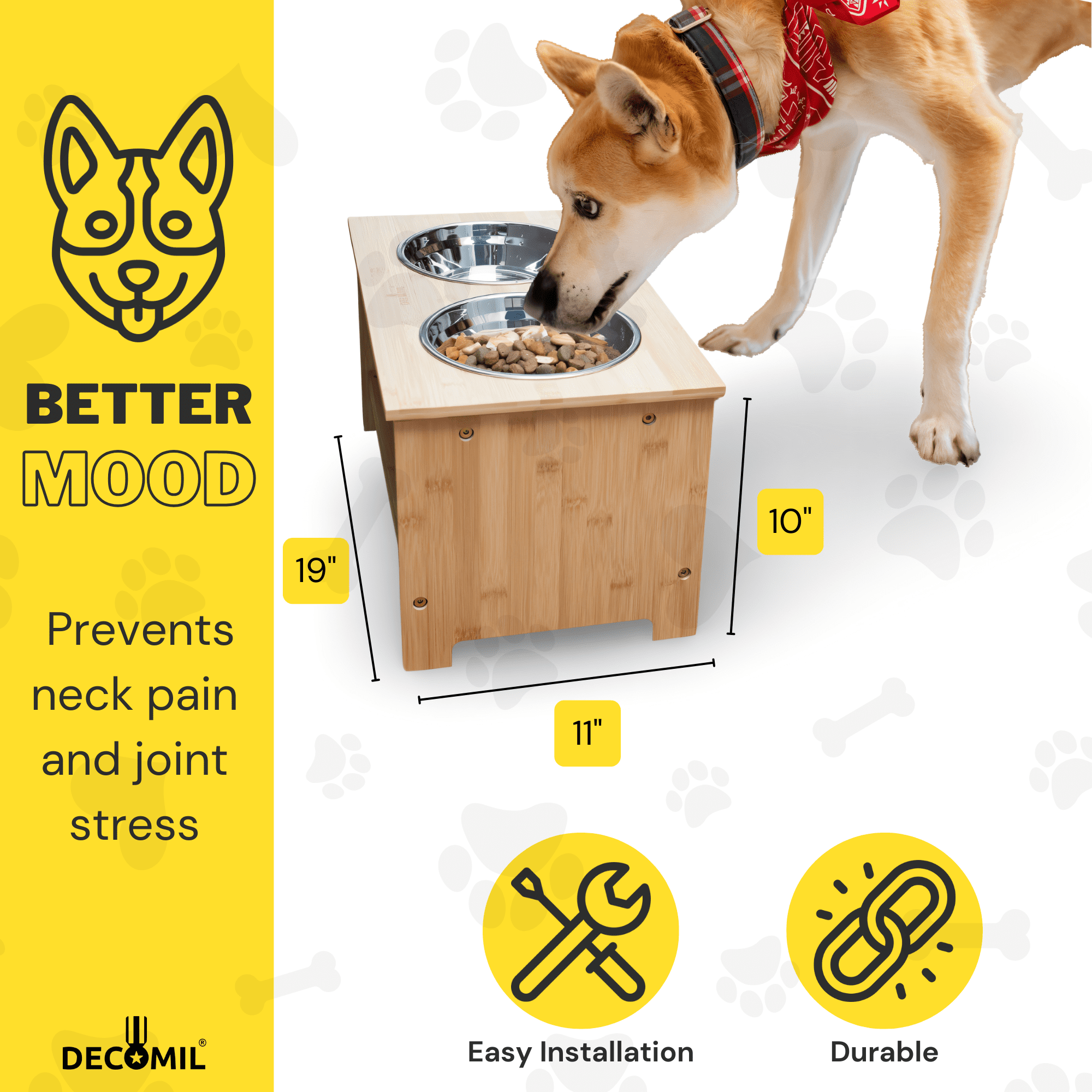 DECOMIL Elevated Dog Bowl Stand with 2 Stainless Steel Bowls, Bamboo Structure, Non-Slip Feet, Easy Assembly, Raised Feeder for Medium Dogs
