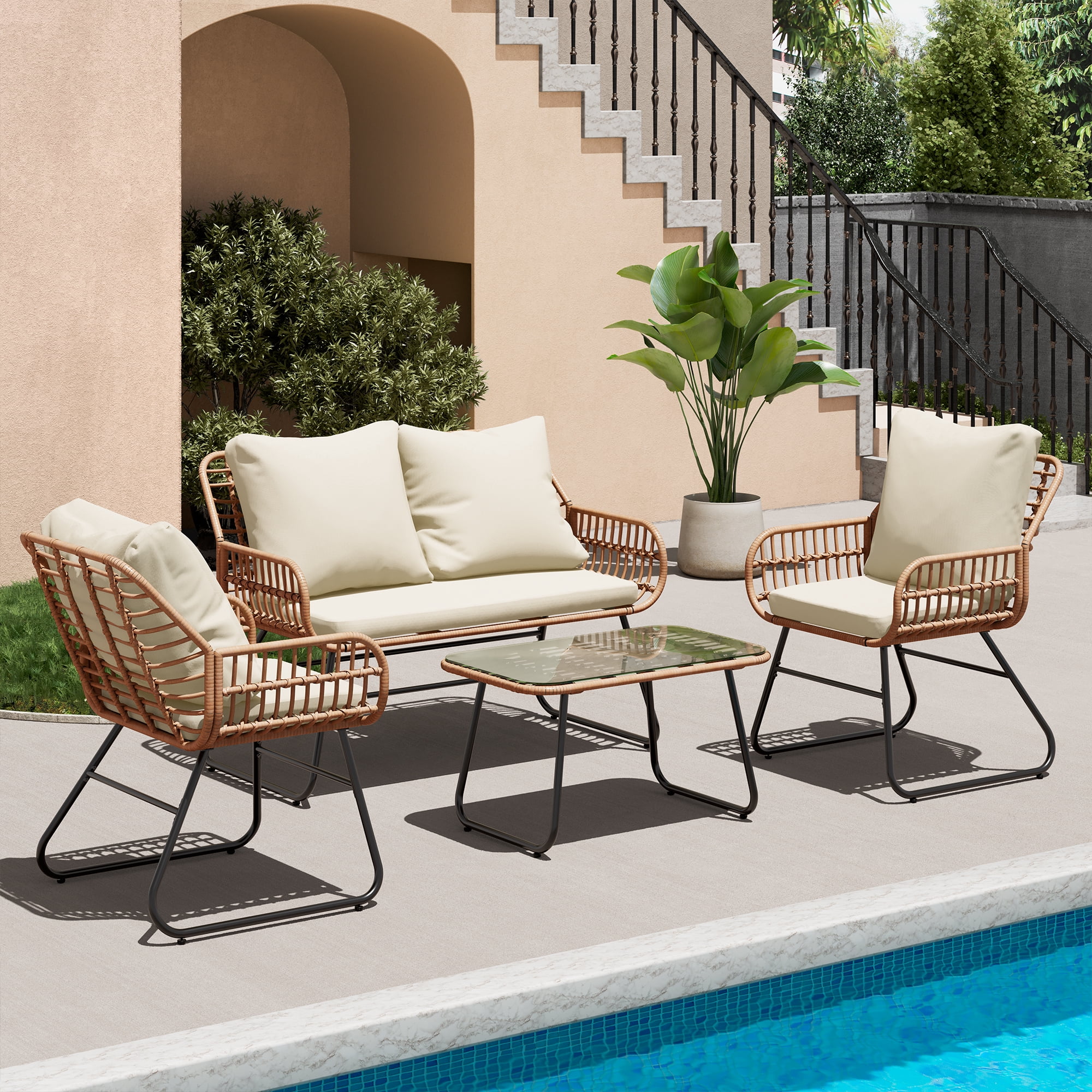 LHBcraft 4-Piece Outdoor Patio Furniture Set - All-Weather Wicker Conversation Set with Cushions & Tempered Glass Table