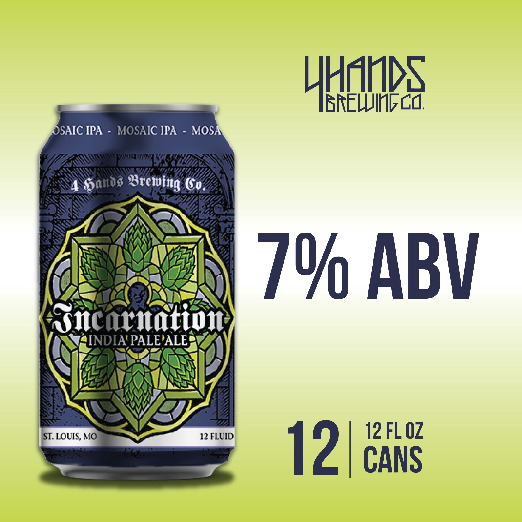 4 Hands Incarnation IPA Craft Beer, 12 Pack, 12 fl oz Aluminum Cans, 7.0% ABV