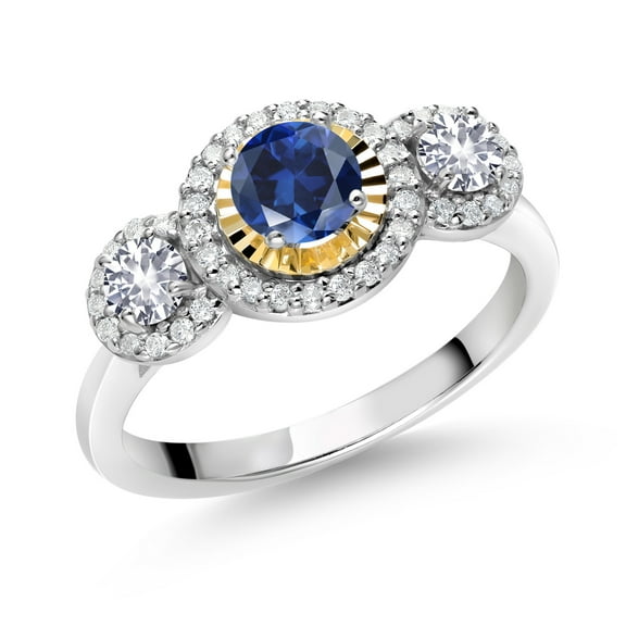 Gem Stone King 0.82 Ct Blue Created Sapphire White Created Sapphire 925 Silver and 10K Yellow Gold Lab Grown Diamond 3 Stone Women Engagement Ring (Size 6)