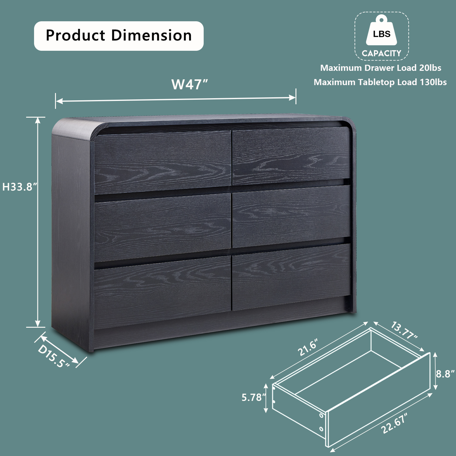 wow97e Modern 6 Drawers Dresser for Bedroom, 47" Wide Wood Chest of Drawers w/Curved Profile Design, for Bedroom, Living Room, Black