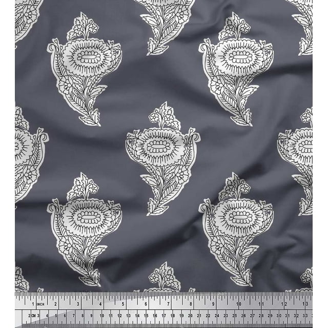 Soimoi Polyester Crepe Fabric Leaves & Floral Block Print Fabric by The Yard 42 Inch Wide