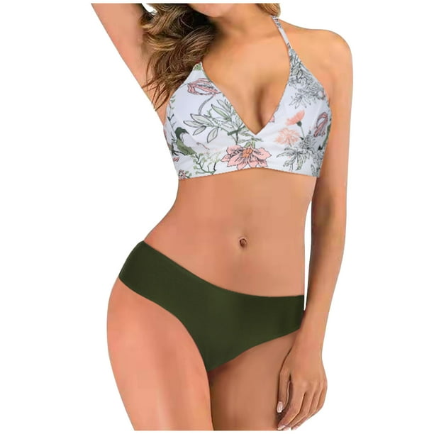 Mujeres sexy con almohadilla en el pecho sin aros estampado floral doble hombro bikini traje de baño dividido Fridja nalpqowj58974