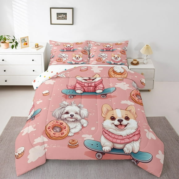 Corgi Bedding Sets Queen Size Cute Pet Dogs Comforter Set Lovely Cartoon Animal Bedding Comforter Sets for Dog Lovers Down Comforter Doughnut Decor Duvet Insert Pink