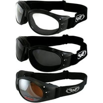 Global Vision 3 Pairs of Eliminator Padded Motorcycle Goggles Black Frames Clear Smoke & Driving Mirror Lenses