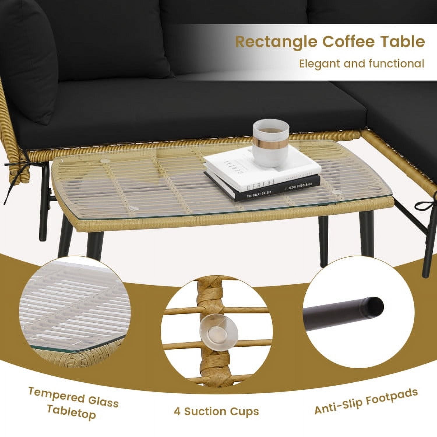 Aimee Lii 3 Pieces L-Shaped Patio Sofa with Cushions and Tempered Glass Table, Outdoor Patio Set, Black Aimee Lii 3 Pieces L-Shaped Patio Sofa with Cushions and Tempered Glass Table, Outdoor Patio Set, Black
