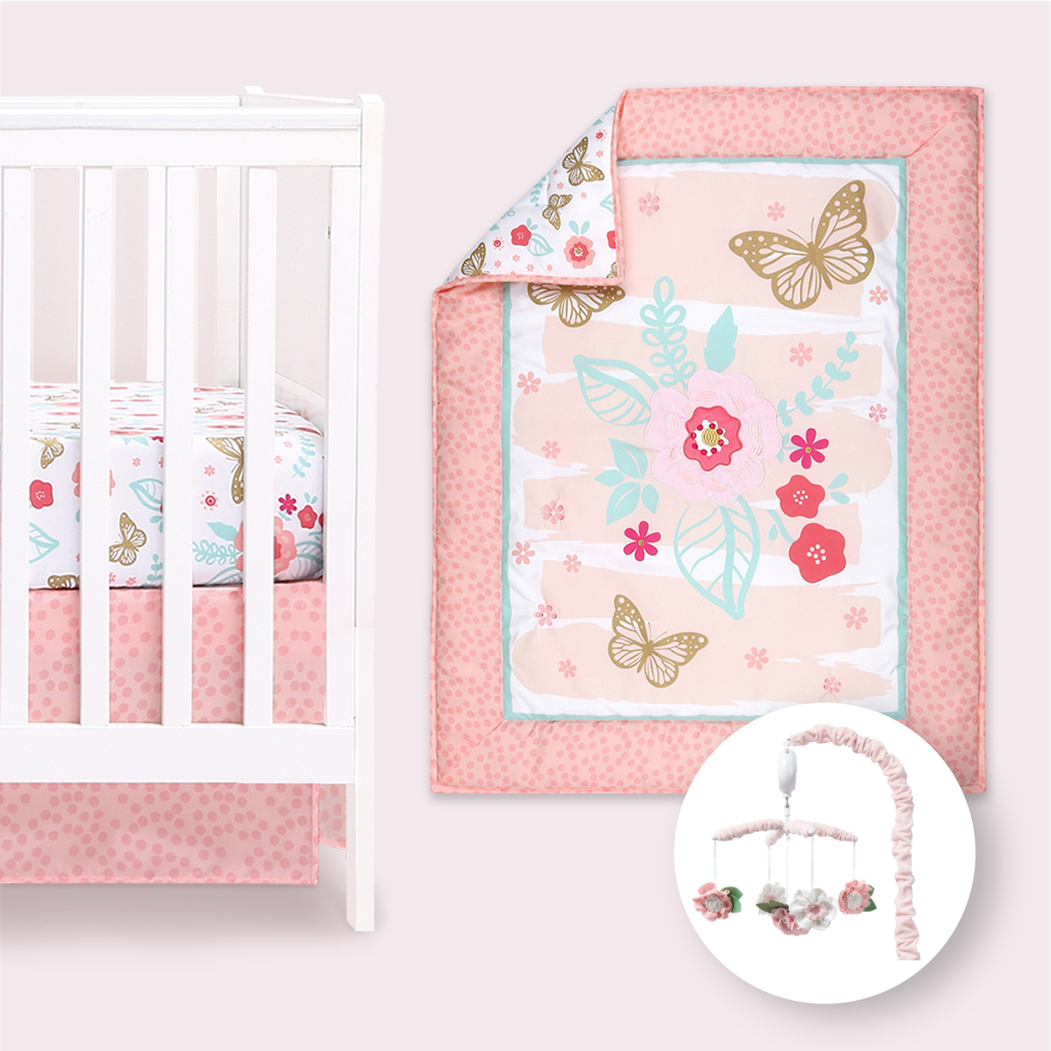 The Peanutshell Aflutter 4 Piece Baby Nursery Crib Bedding Set, Quilt
