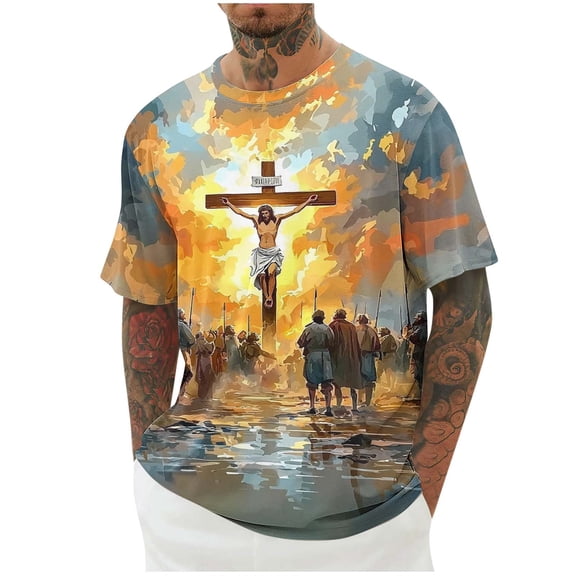 Awdenio Mens Shirts Short Sleeve Cross Letter Print Graphic Round Neck Casual Fashionable Tops