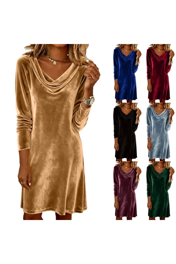 Women's Velvet Dress Long Sleeve Collared Pile Neck Winter Solid Color Vintage Sexy Midi Dress for Holiday Party Casual Winter,Black,S
